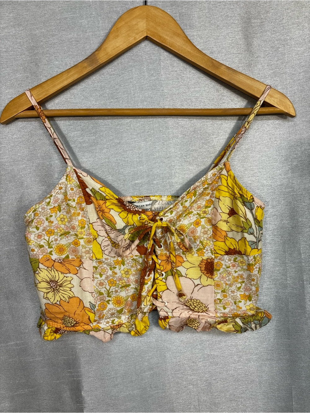 American Eagle Floral Patchwork Crop Top XS Lace Up Boho 70s Festival
